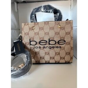 bebe Talulla Mini Satchel Logo & Stud Accents Zip Top Handle Beige Black $99 MSR